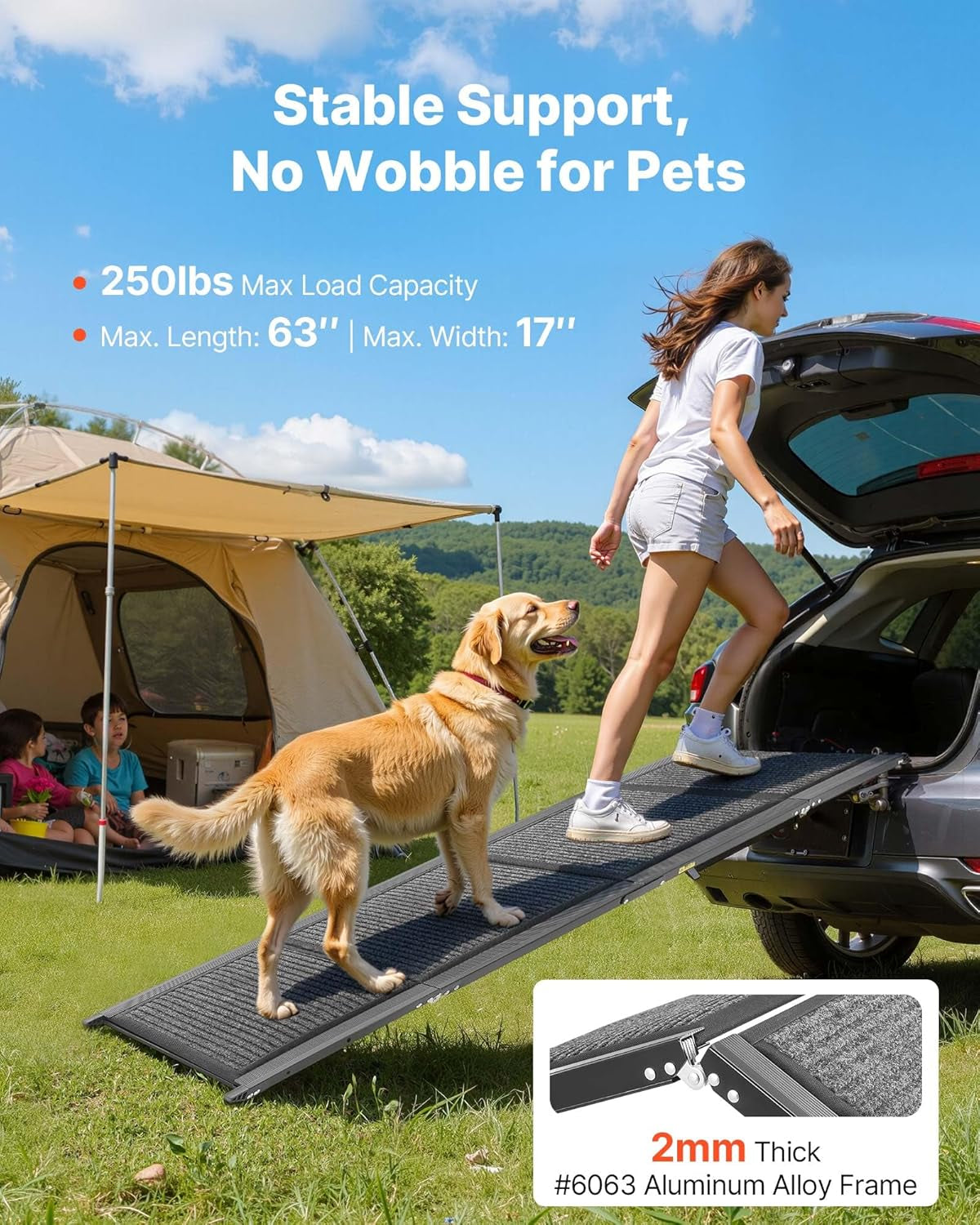 VEVOR Dog Ramp for Cars, 63" L X 17" W, Folding Pet Ramps for Medium & Large Dogs up to 250Lbs, Pet Stair Ramp with Non-Slip Felt Rug Surface, Portable Outdoor Dog Car Ramps for SUV & Truck
