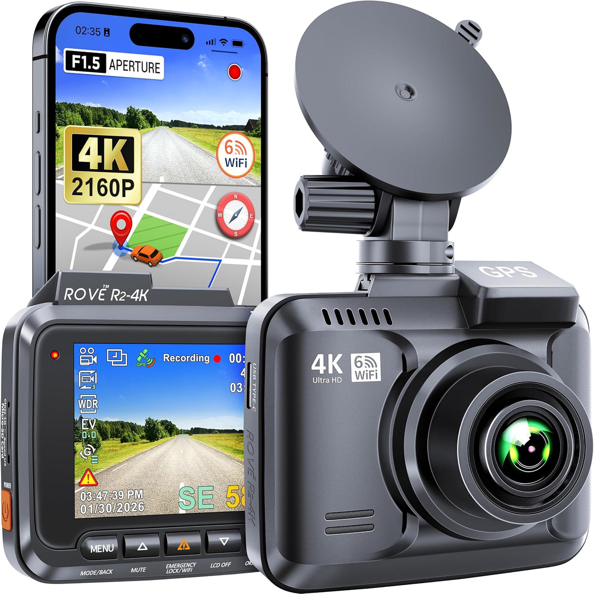 ROVE R2-4K Dash Cam, 4K UHD 2160P Car Camera, 8MP Sensor, Wifi 6 and GPS