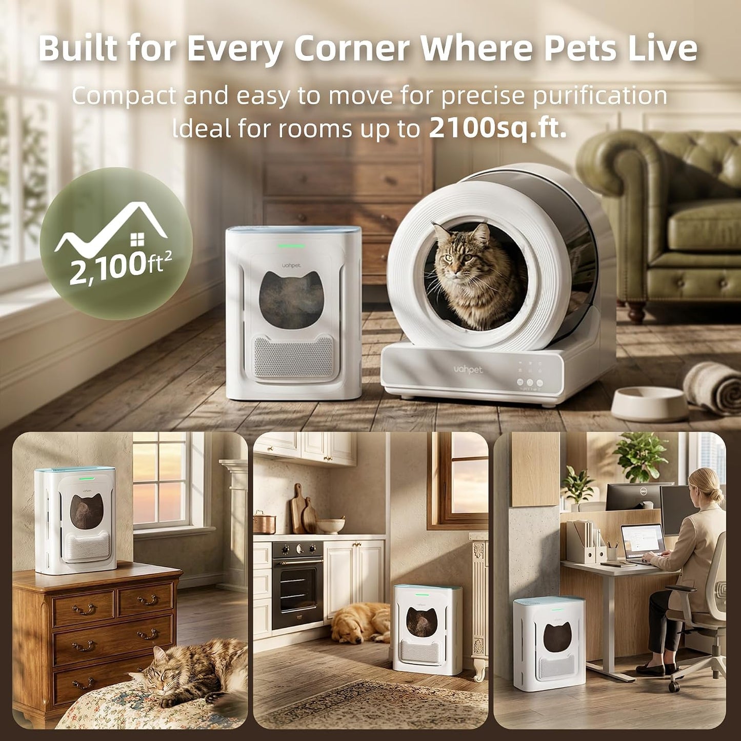 Uahpet Pet Air Purifier, H13 HEPA Filter for Pet Hair, Dander & Odors, 2100 Sq Ft Coverage, Plug & Play No Wifi Required, Clog-Resistant Intake, Washable Pre Filter, Quiet 25Db