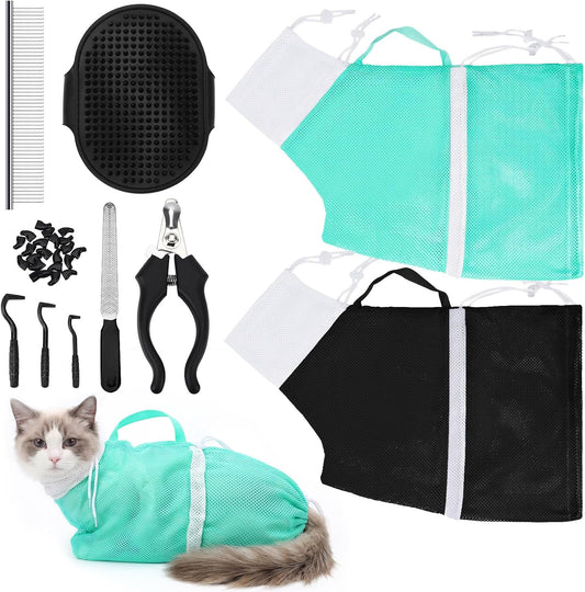 Cat Bathing Bag Kit Adjustable Mesh Cat Washing Bag with Nail Clippers Nail File Brush Comb Tick Remover Tool Pet Grooming Bag for Cats and Small Dogs