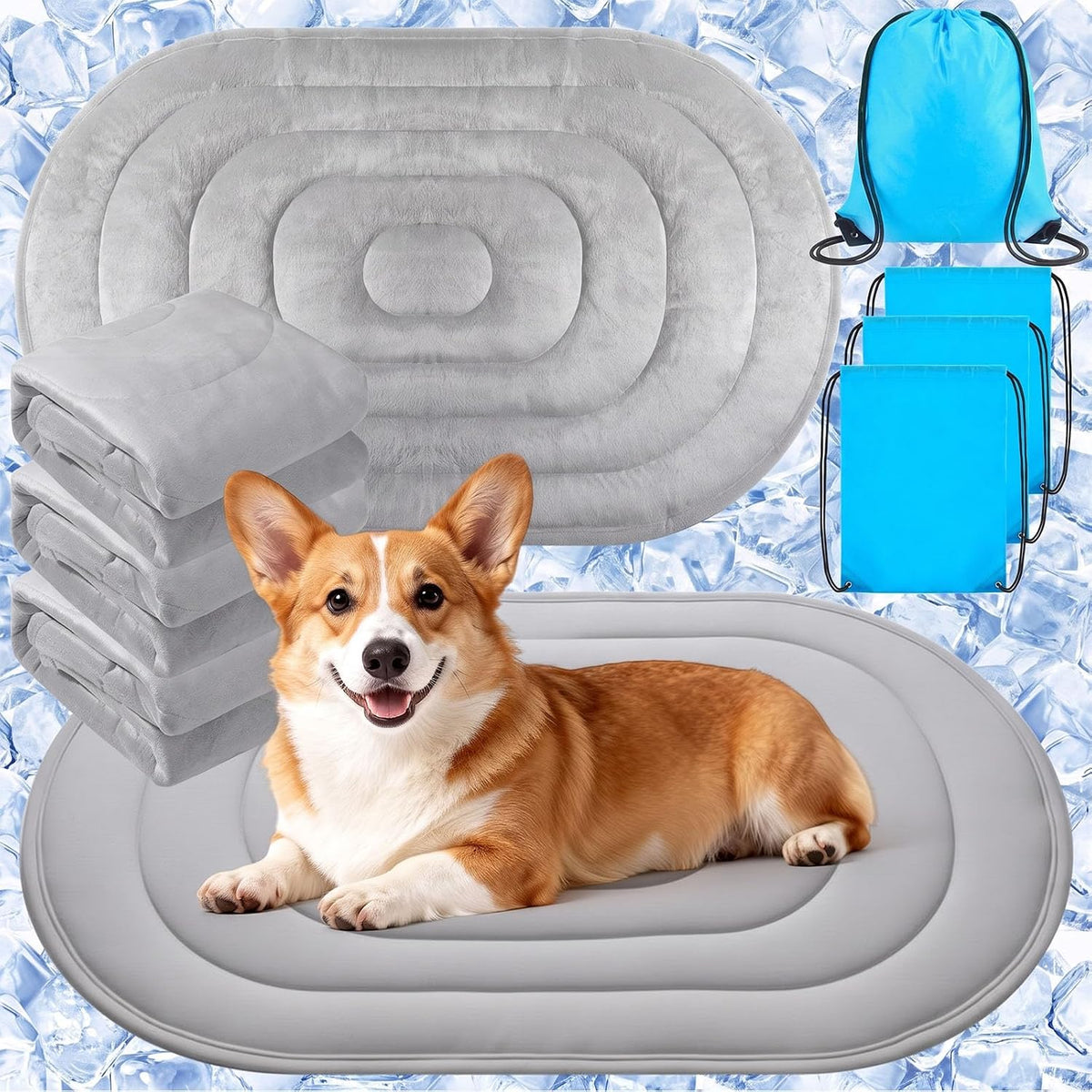 4 Pack Large Dog Cooling Mats 35" X 19" with Storage Bags, Reversible Ice Silk & Velvet Pet Cooling Pad, Summer Washable Bed for Crate, Sofa, Car, Travel