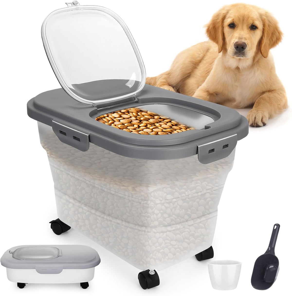 Pet Food Container, Collapsible Dog Food Storage Container with Detachable Casters & Airtight Lid for Keeping Dry Kibbles, with Dog Food Scoop and Measuaring Cups