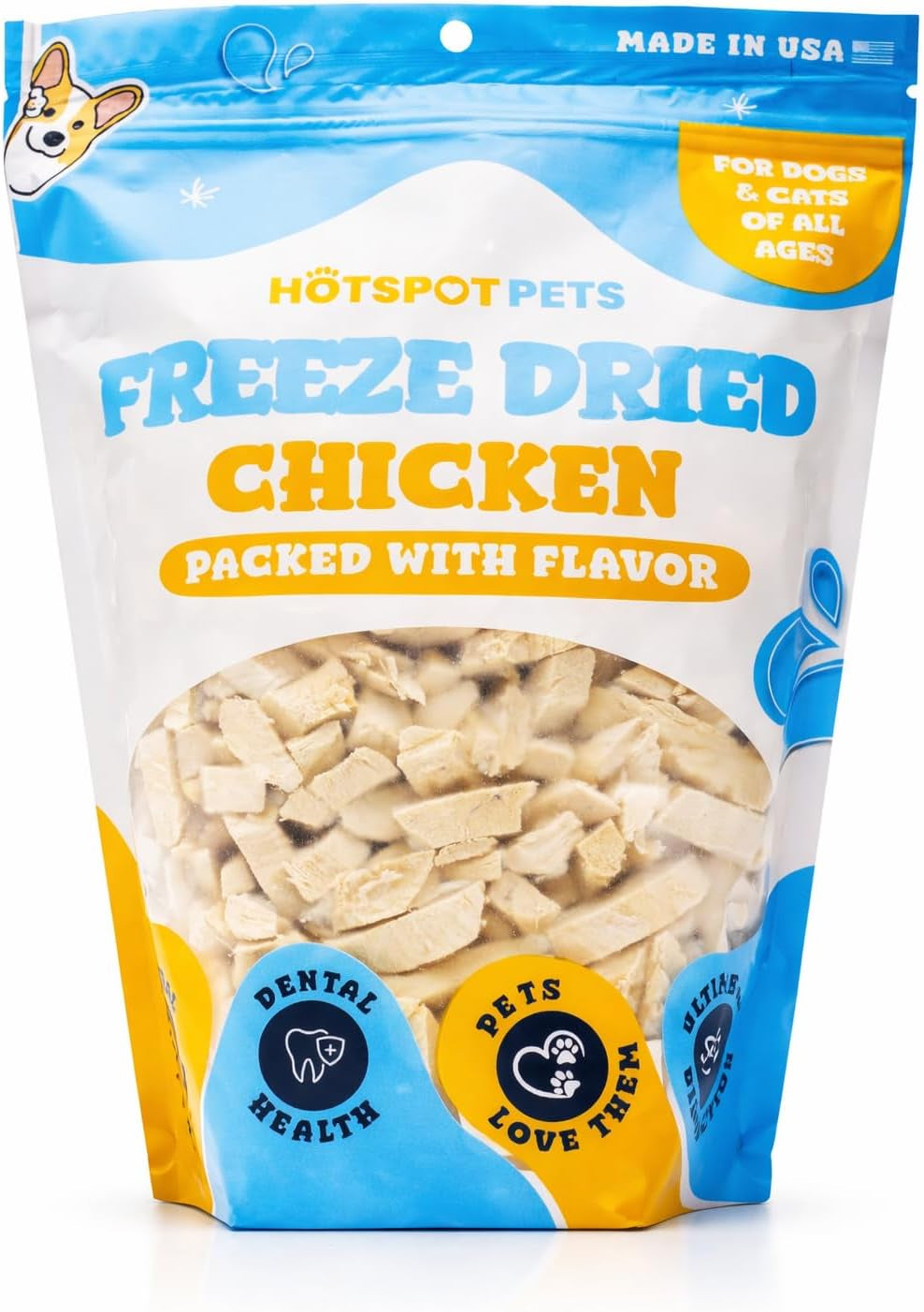 Hotspot Pets Freeze Dried Chicken Treats for Cats & Dogs -1LB Big Bag- USA Made- Healthy Single Ingredient-Resealable Bag, All Natural Grain-Free (Chicken Breast)- Perfect for Training, Topper & Snack