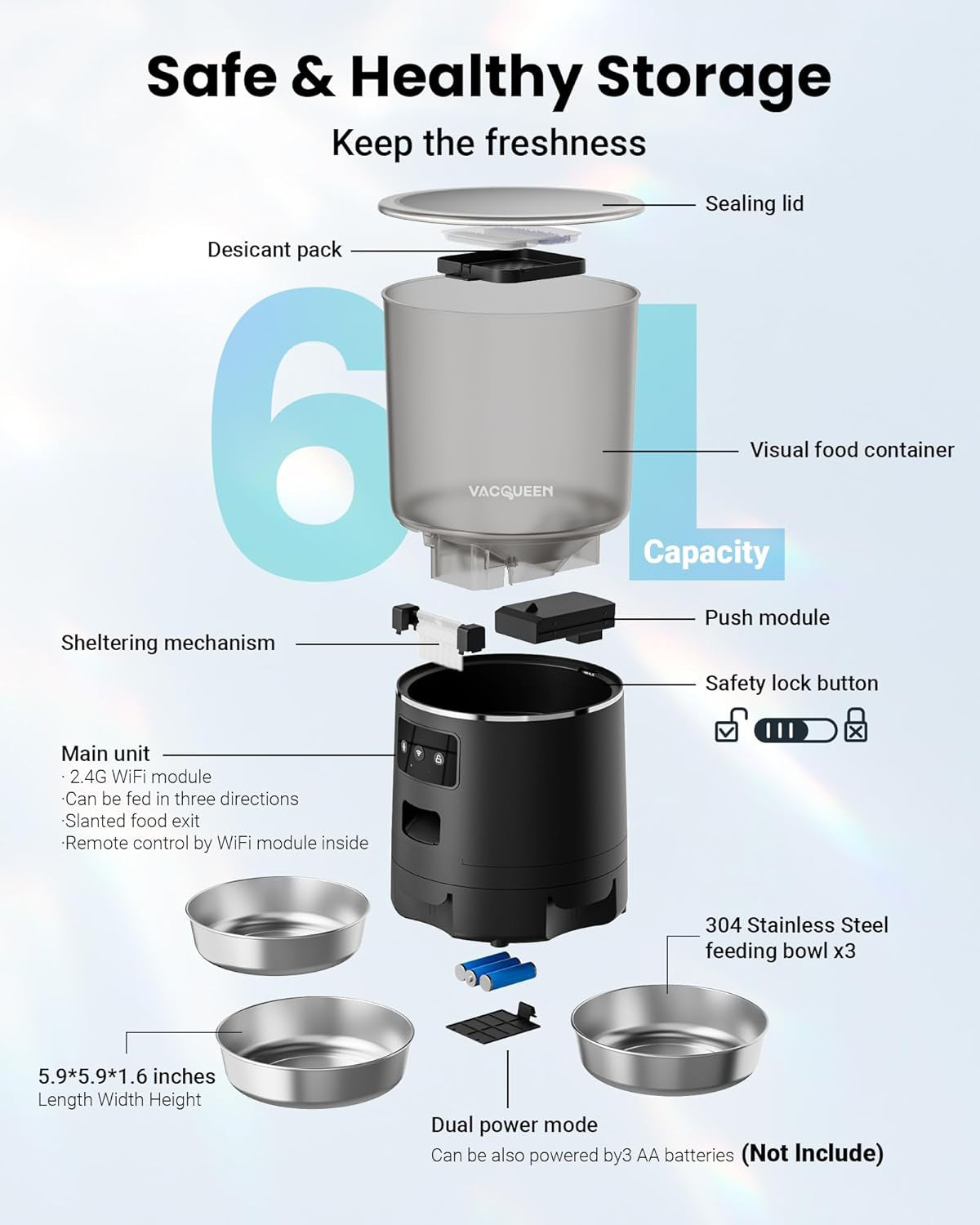 Automatic Cat Feeder for 3 Cats, 6L/25 Cups Smart Wifi Pet Feeder, Strong Anti-Jam System, Dual-Effect Desiccant Cat Food Dispenser, with 10S Voice Recorder for Cats and Small Dog(Black)