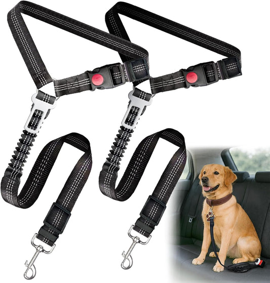 2-Pack Dog Car Seat Belt, 3-In-1 Headrest-Mounted Dog Seatbelt for Car, Adjustable Nylon Pet Safety Leash with Elastic Buffer & Reflective Stitching, Durable Car Harness for Dogs Fits Most Vehicles