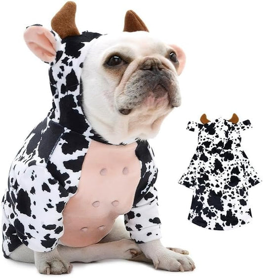 DELIFUR Dog Halloween Cow Costume - French Bulldog Adorable Cow Holiday Outfit Cute Hoodie Halloween Cosplay Animal Costume for Medium Dog (Cow, X-Large)