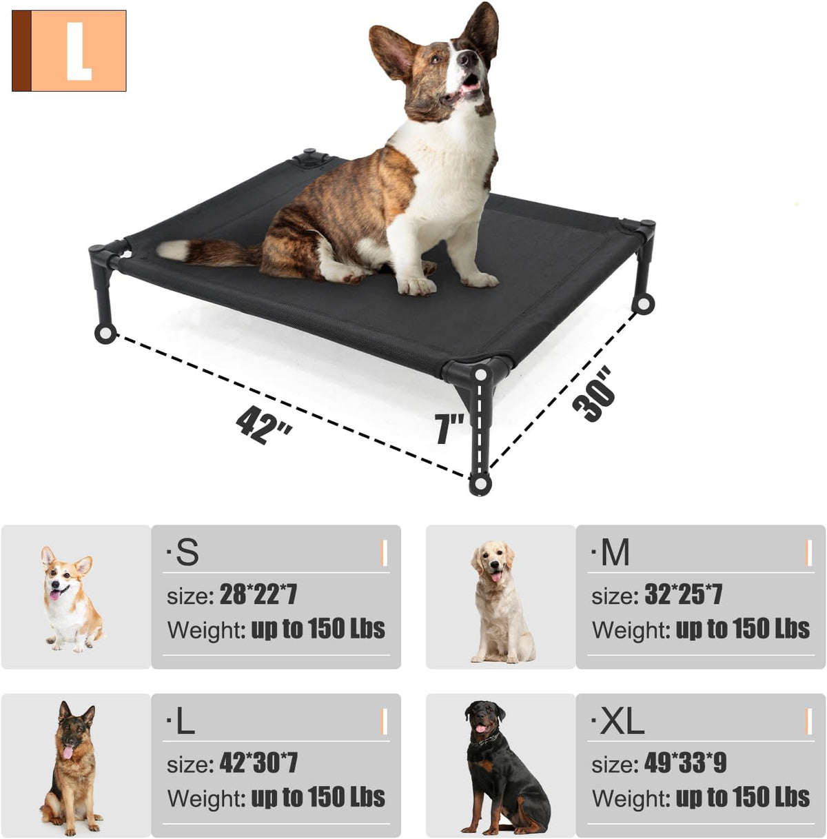 Garnpet Elevated Dog Bed for Large Dogs, Raised Dog Cot Fits up to 120 Lbs, Heavy Duty Pet Cots with Durable Supportive Teslin Recyclable Washable Mesh, Indoor & Outdoor Pet Bed, Dark Grey