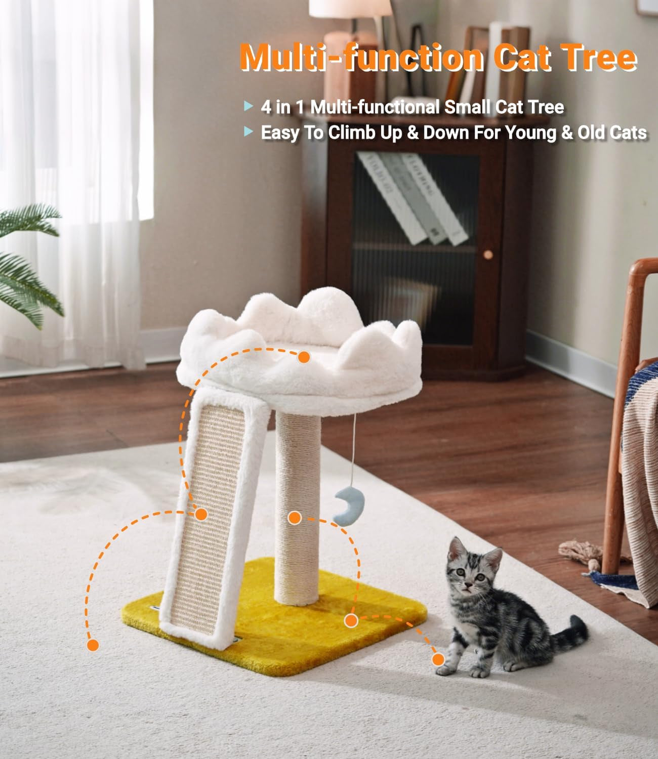 Happi N Pets Cat Tree, Cloud Cat Tower with Soft Bed, Cat Scratching Post & Pad with Larger Perch for Window Viewing, Small Cat Tree with Cute Toys, Bonus Catnip
