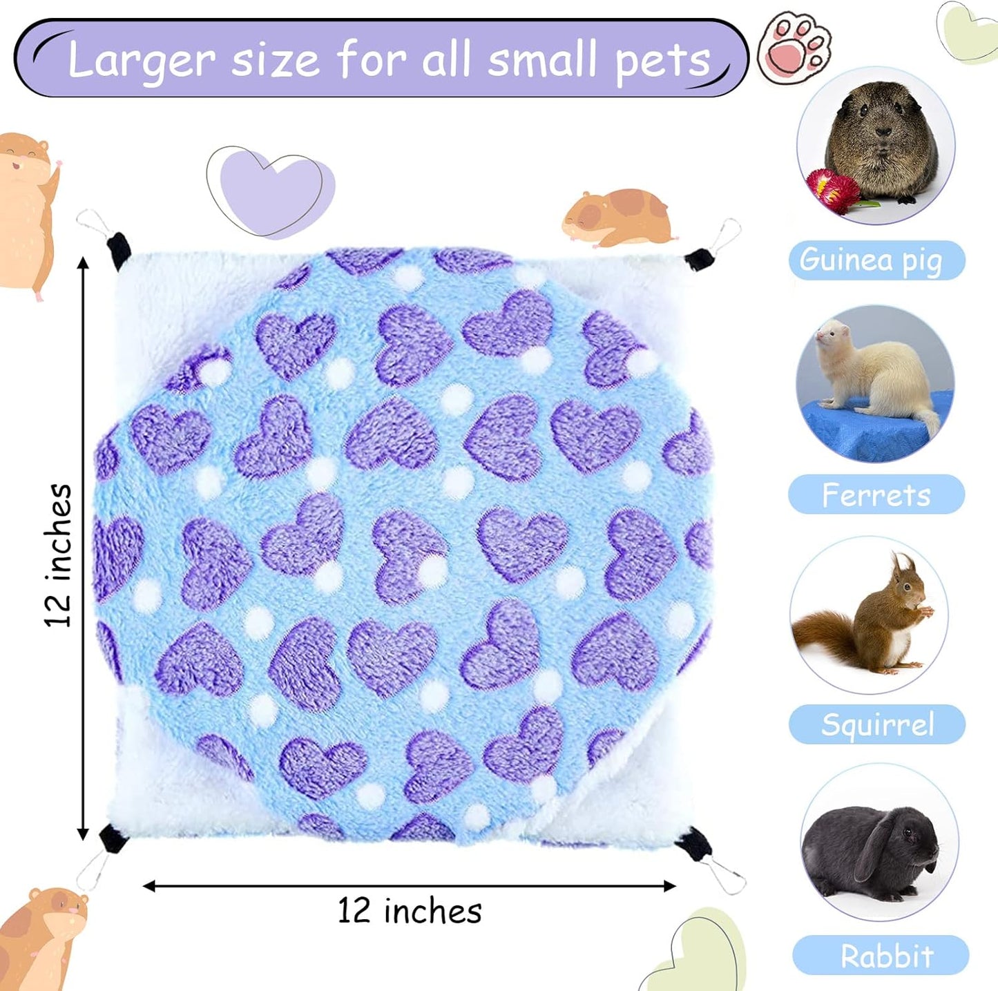 BOAO 2 Pcs Guineas Pig Rat Hammock Guinea Pig Hamster Ferret Hanging Hammock Guinea Pigs Accessories for Small Animals Chinchilla Parrot Sugar Glider Ferret Squirrel(Purple, Coffee,Heart Pattern)