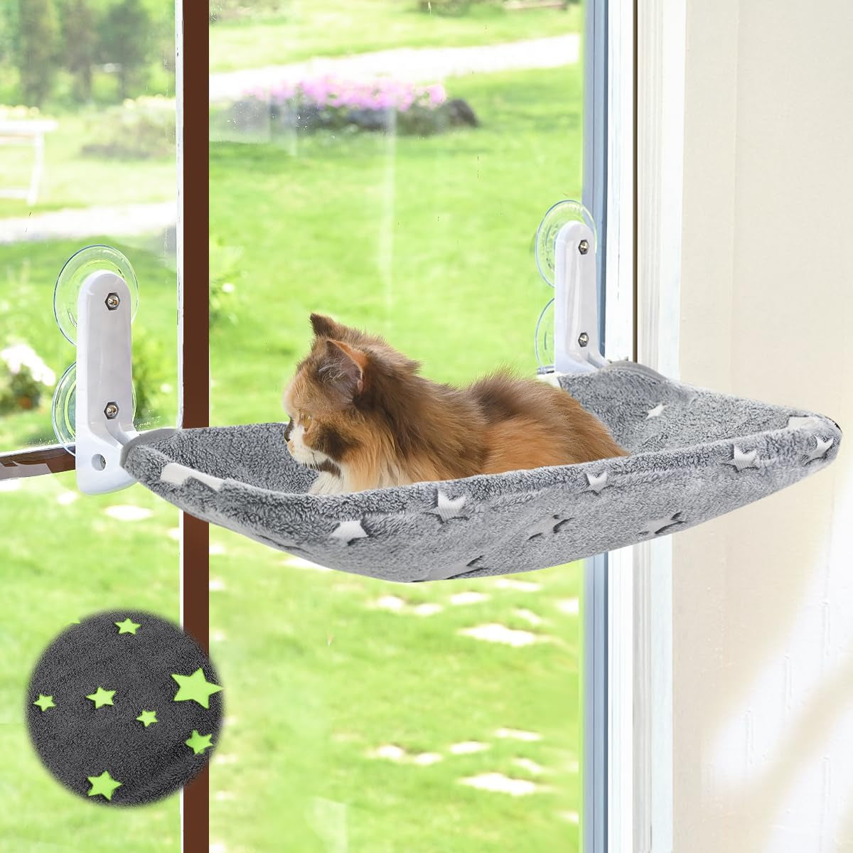 Zoratoo Cat Window Perch, Glow in the Dark Cordless Foldable Pet Hammock Bed for Window with Sturdy Metal Frame, Glowing Stars Pattern Resting Seat for Indoor Cats (Stars - M)