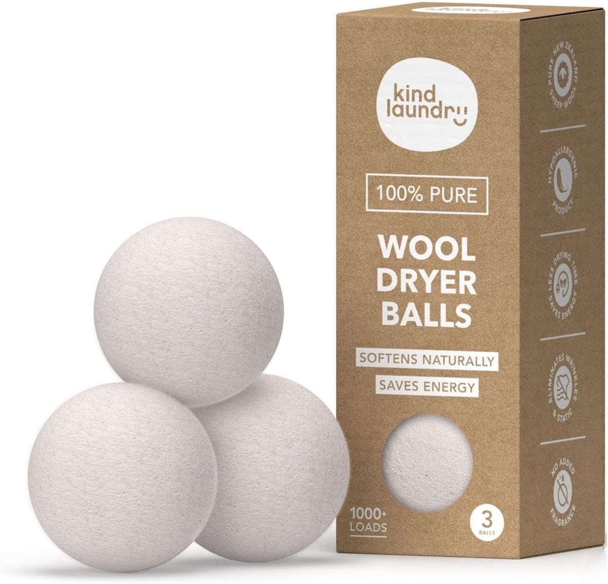 Kind Laundry Wool Dryer Balls, 100% New Zealand Wool, Reusable, 3 Pack