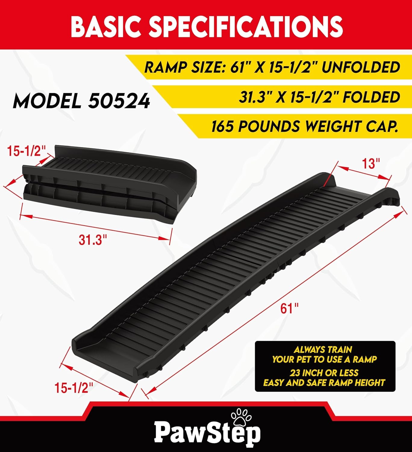 Pawstep 61" Folding Pet Ramp, Portable Dog Ramp for Cars, Suvs, Beds & Couches, Lightweight PP Construction, Textured Surface, Optional Carpet for Added Traction, 165 Lb Capacity (50524)