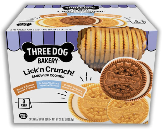 Three Dog Bakery Lick'N Crunch Sandwich Cookies Premium Dog Treats with No Artificial Flavors, Carob/Peanut Butter, Golden/Vanilla, 39 Ounces (Pack of 1)