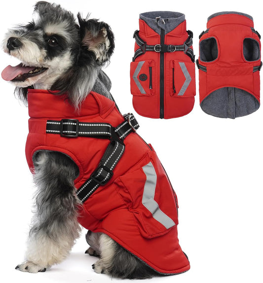 Dog Waterproof Winter Coat, Warm Dogs Jacket Reflective, Pet Fleece Lined Vest with Pockets, Cold Weather Clothes for Doggy, Dog Coats with Built in Harnesses, Schnauzer (Red, M)