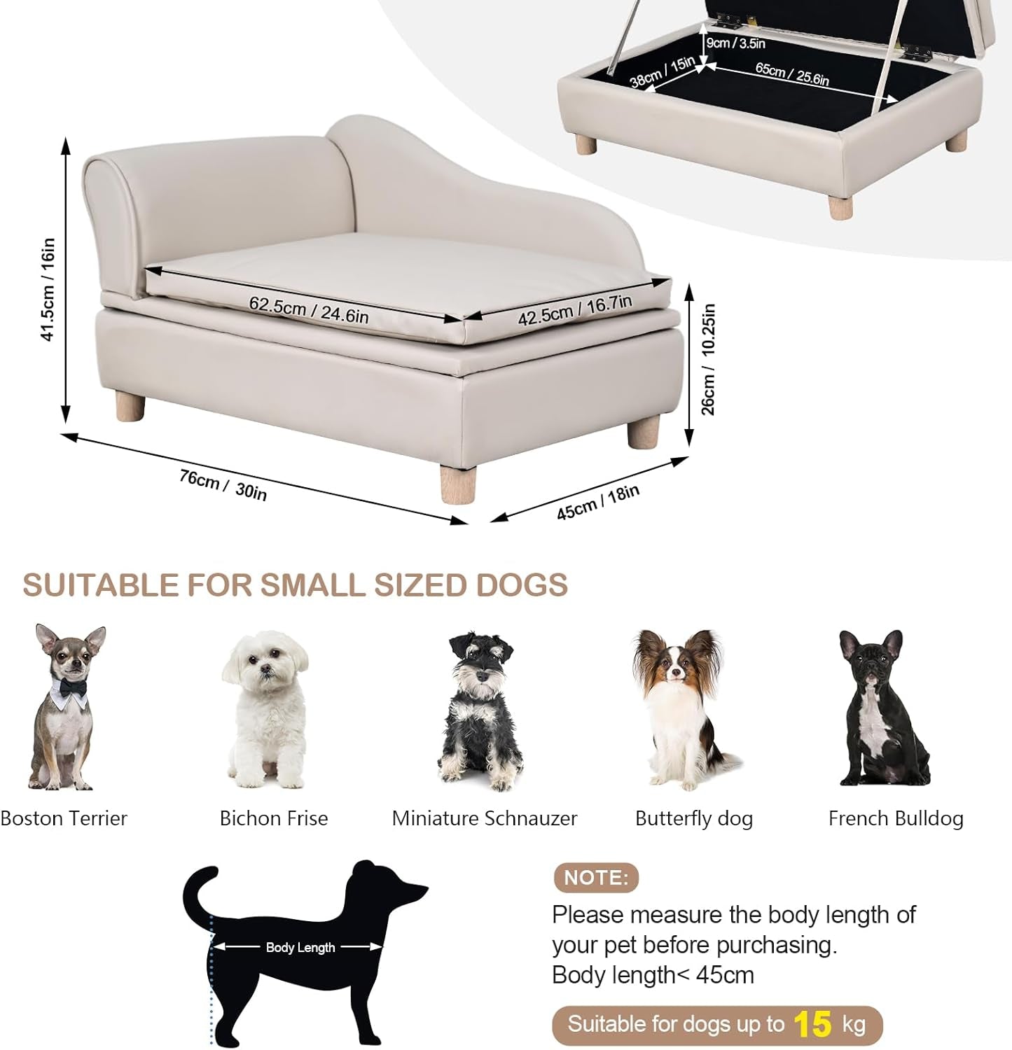PU Leather Dog Sofa and Chair with Storage - Wooden Frame Cat Sofa Couch with Cushion,Small Pet Bed Sofa for Puppy and Cats (Pearl White)