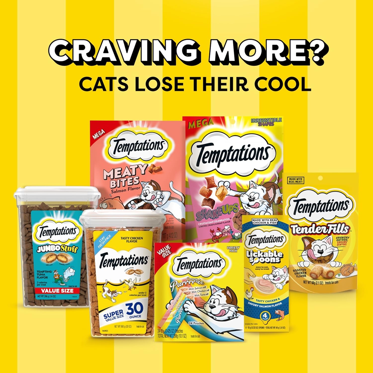 Temptations Jumbo Stuffed Cat Treats, Crunchy and Soft Cat Treats, Tempting Tuna Flavor, 14 Oz. Tub
