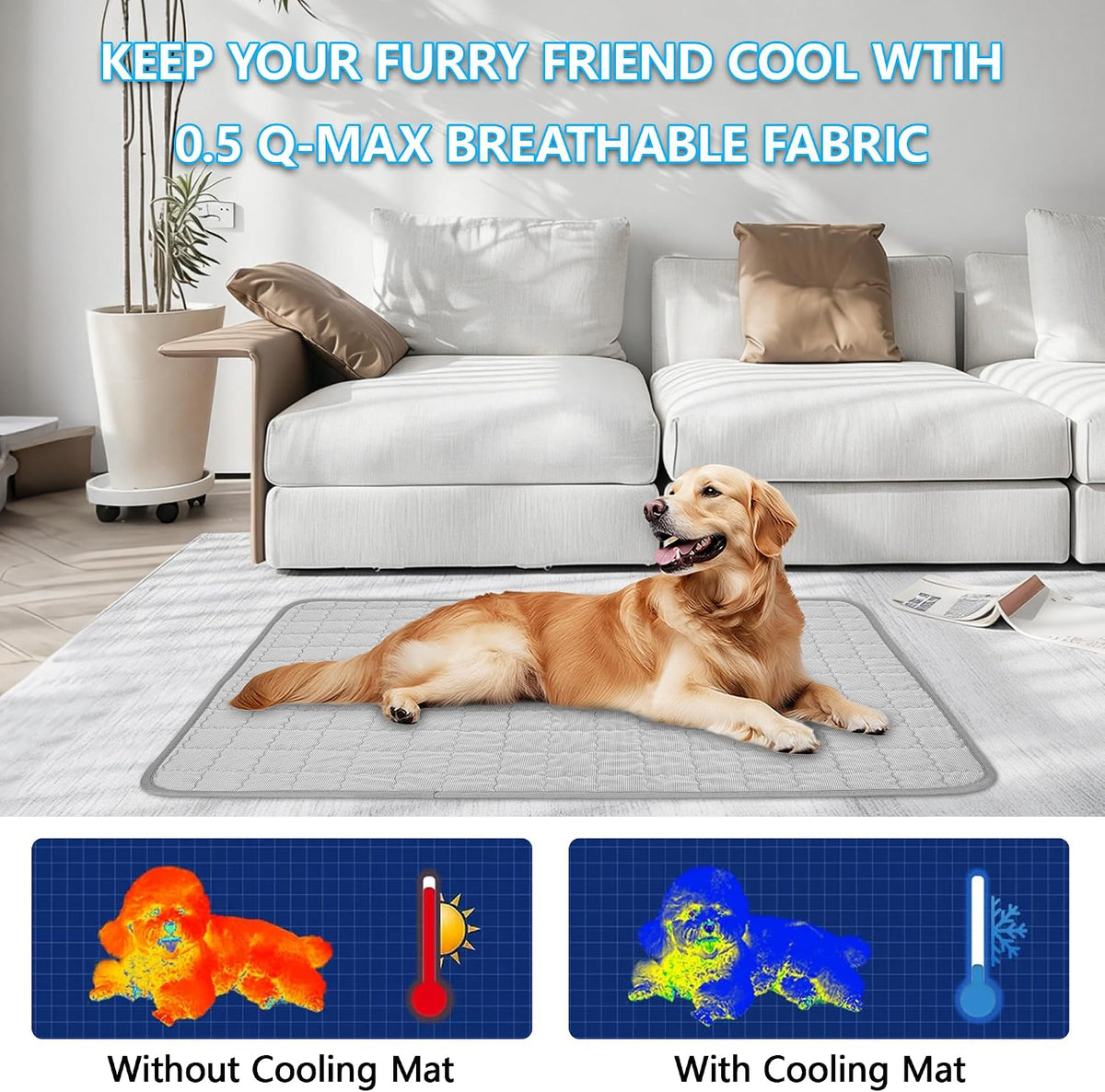 Cooling Mat for Dogs, Q-Max>0.5 Breathable Cooling Pad for Dog, 43"X 32" Pet Cooling Bed with Non-Slip Bottom, Portable Washable Cooling Blanket for Indoor & Outdoor,Gray