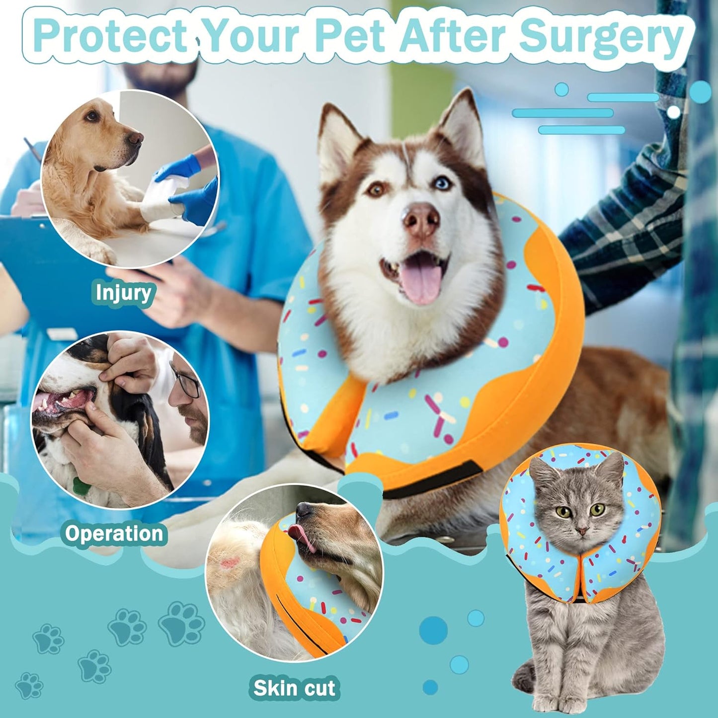 Recovery Donut Collar for Dogs & Cat,Inflatable Dog Cone Collar Alternative after Surgery,Soft Cone for Large Medium Small Dog,Adjustable Pet Neck Donut(Blue,Small)
