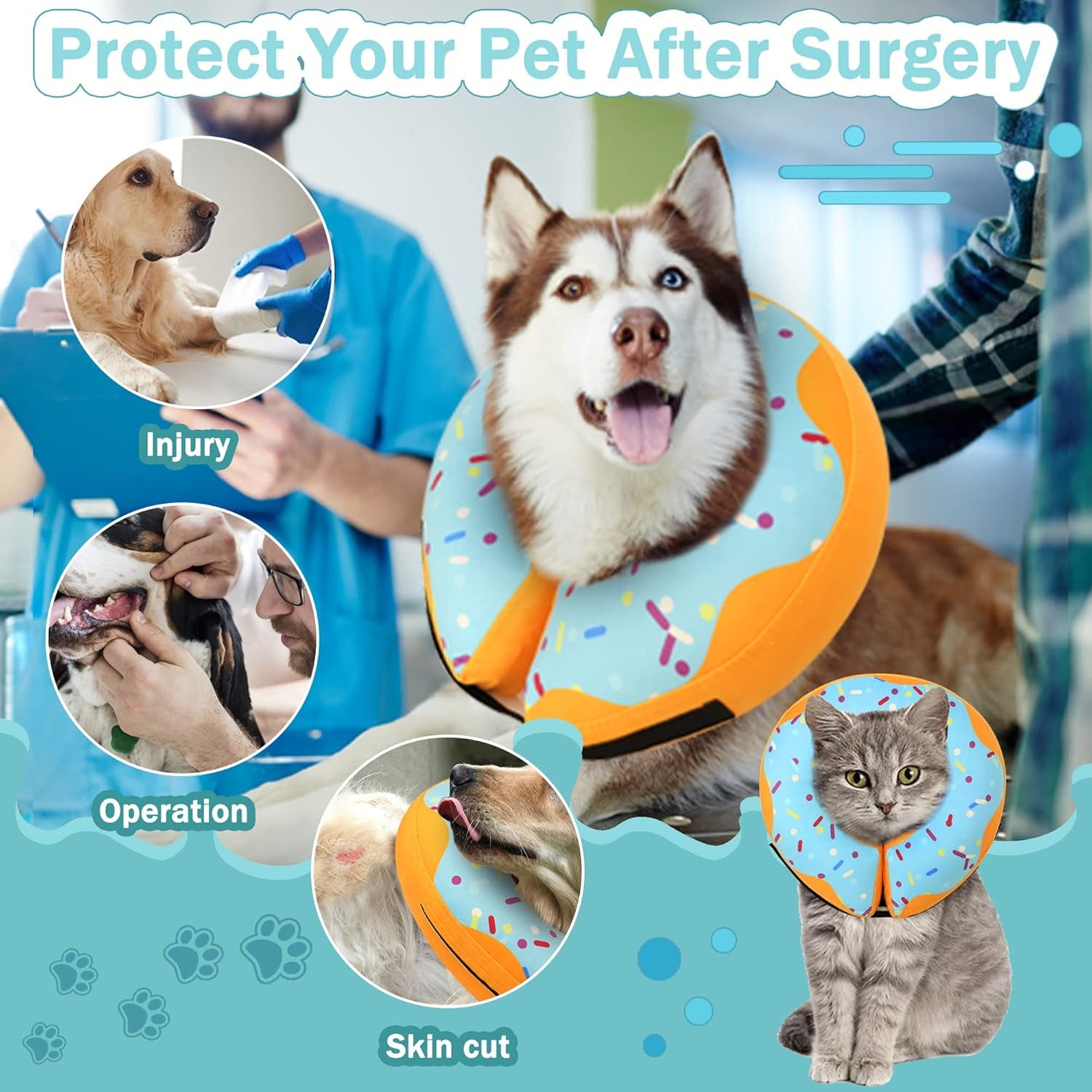 Recovery Donut Collar for Dogs & Cat,Inflatable Dog Cone Collar Alternative after Surgery,Soft Cone for Large Medium Small Dog,Adjustable Pet Neck Donut(Blue,Small)