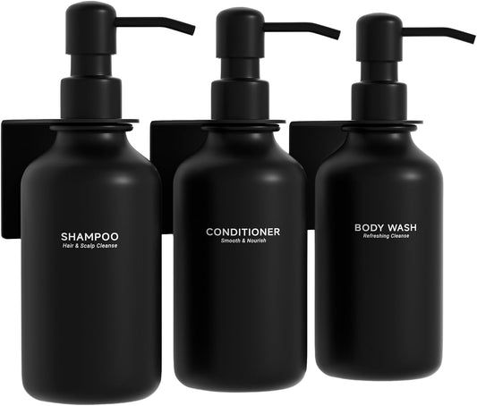Shampoo and Conditioner Dispenser Wall Mounted Set of 3 - Shampoo Conditioner Body Wash Dispenser No Drill - Black Shower Bottles Refillable with Labels and Stainless Steel Pumps 500Ml/16.9Oz