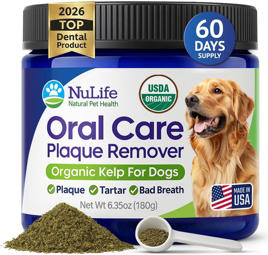 Dog Teeth Cleaning Powder, Dog Plaque and Tartar Remover, Bad Breath Treatment for Dogs with USDA Organic Sea Kelp Powder, Dog Dental Care Made Easy, for All Ages, 6Oz