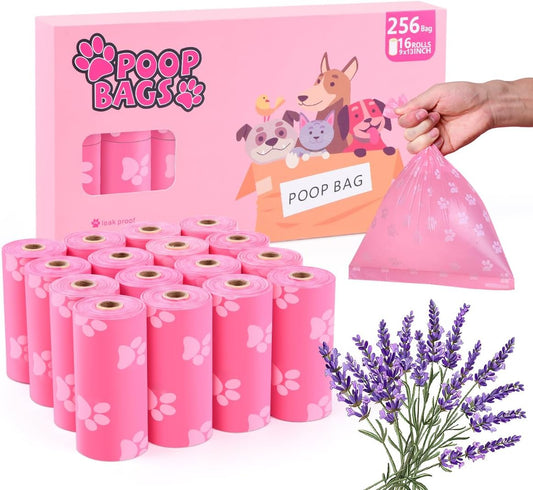 Poop Bags Rolls 256 Count - 9X13 Inches Pink Thickened Leakproof Lavender Scent Poo Bags for Dogs, Eco-Friendly Pet Waste Bags for Walking, Home, Travel