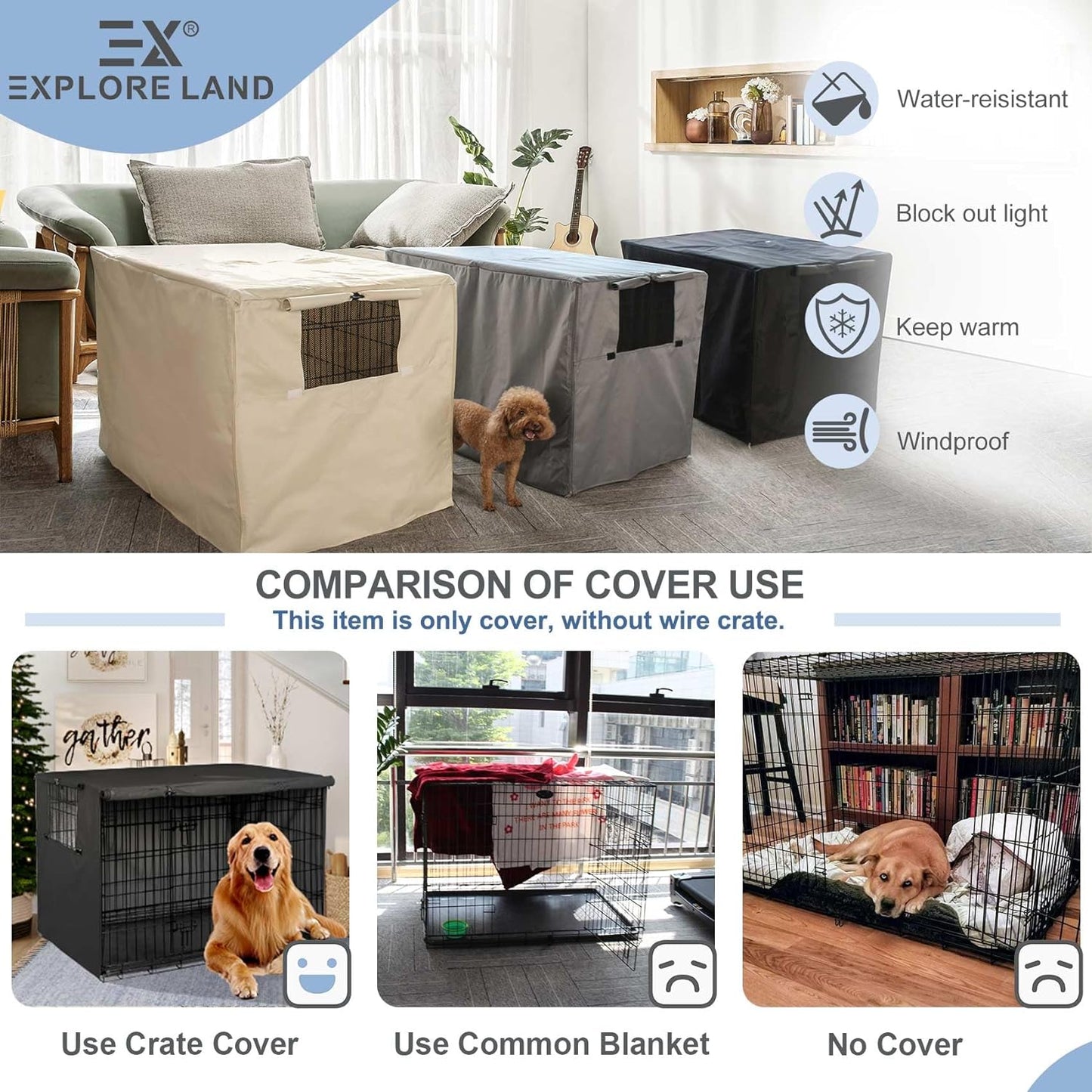 Explore Land Dog Crate Cover Heavy Duty Polyester Pet Kennel Sunshade Universal Fit for 42 Inches Wire Cage (Black)