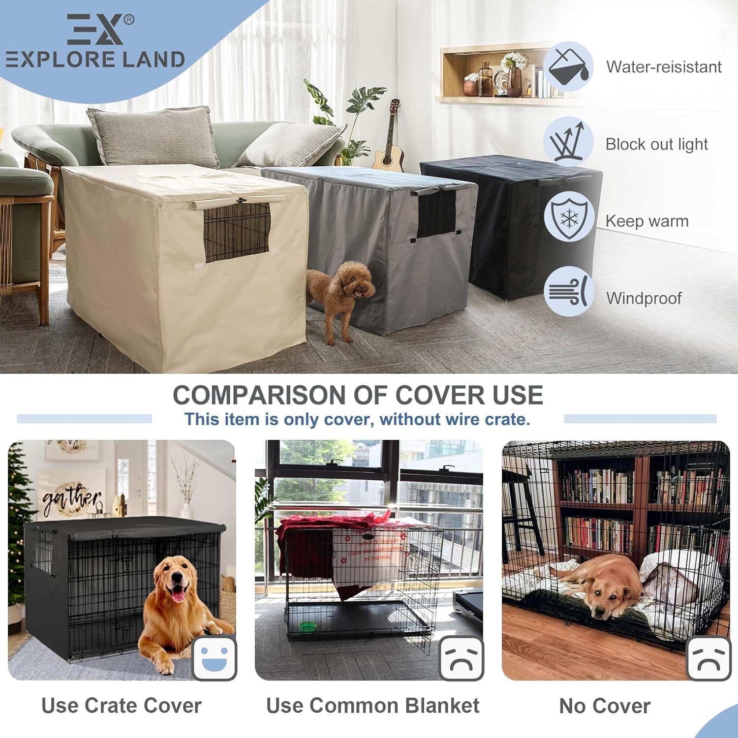 Explore Land Dog Crate Cover Heavy Duty Polyester Pet Kennel Sunshade Universal Fit for 42 Inches Wire Cage (Black)