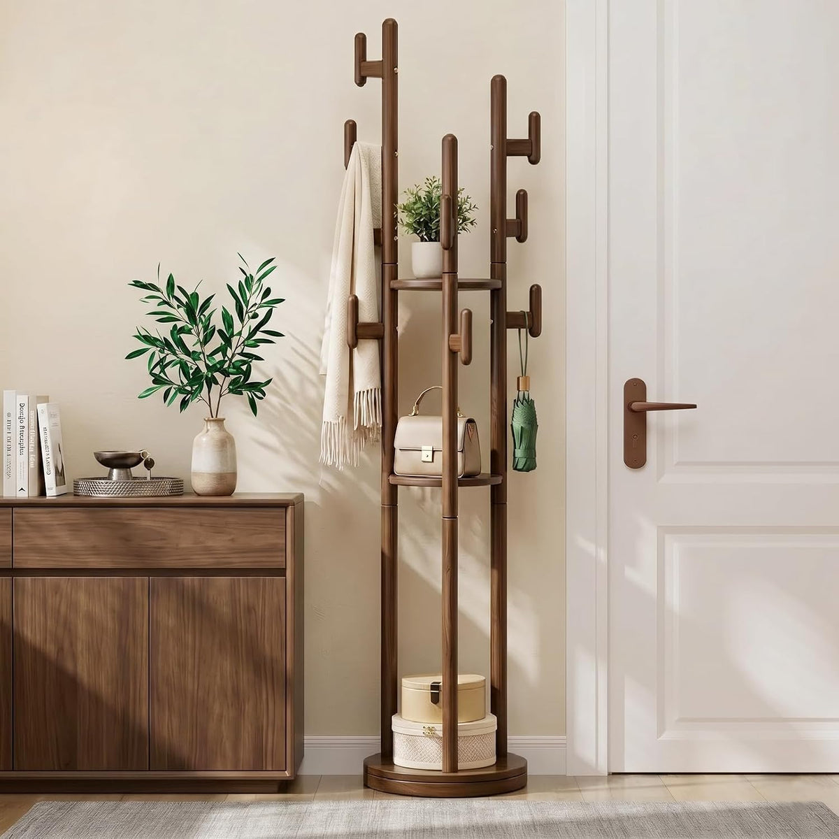 Rotary Coat Rack Freestanding - Solid Wood Coat Tree with 9 Hooks & 3 Storage Shelves for Purse, Bag, Jacket, Hat, Corner Hanger Stand Racks for Hall, Entryway, Office, Modern Clothes Holder