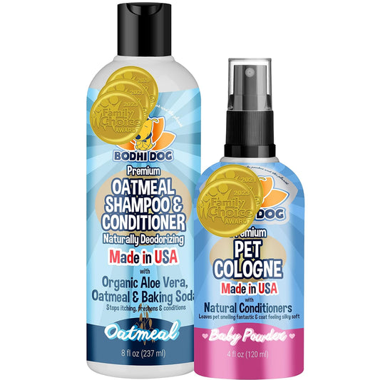 Bodhi Dog Baby Powder Scented Cat & Dog Cologne 4Oz + Oatmeal Dog Shampoo & Conditioner for Pet Grooming 8Oz | Moisturizing Shampoo for Sensitive Skin | Grooming Bundle