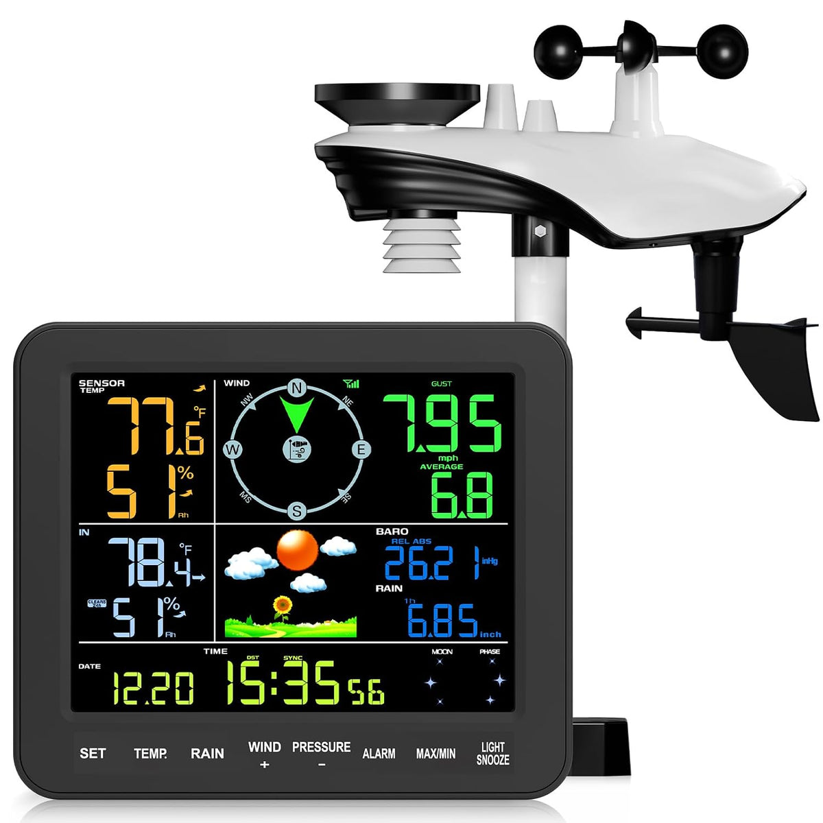 Weather Station Wireless Indoor Outdoor, Wireless Weather Station with Digital Display, Rain Gauge, Wind Speed, Air Pressure, Temperature, Humidity, Weather Forecast & Adjustable Backlight - No Wifi