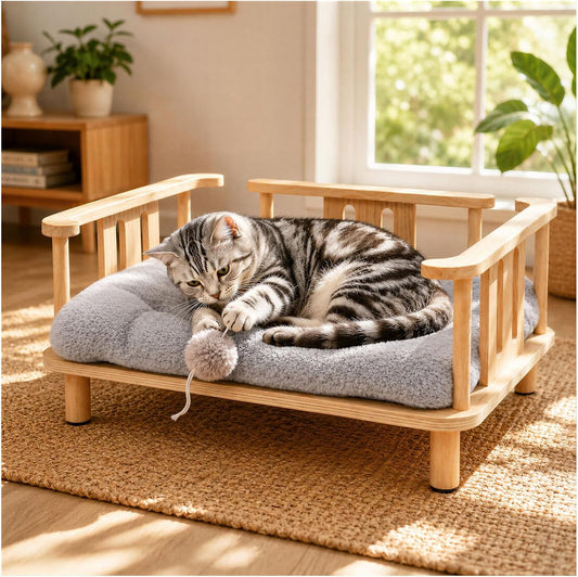 Summark Elevated Cat Couch & Dog Sofa, Solid Wood Raised Pet Bed with Machine Washable Plush Mattress, Indoor Cat Furniture for Cats & Small Dogs, Supports up to 60 Lbs