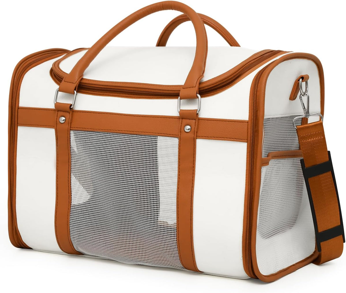 Premium Pet Carrier for Cats & Small Dogs, Stylish White & Brown PU Leather Travel Bag with Mesh Windows, Airline Approved Portable Pet Travel Carrier with Shoulder Strap, Ideal for Travel, Vet Visits