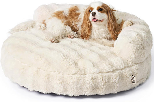 EHEYCIGA Dog Bed Medium Size Dog, Fluffy Small Dog Couch with Removable Washable Cover, Bolster Pet Sofa, Waterproof and Non-Slip, 30" X 30"X 8.5", Cream