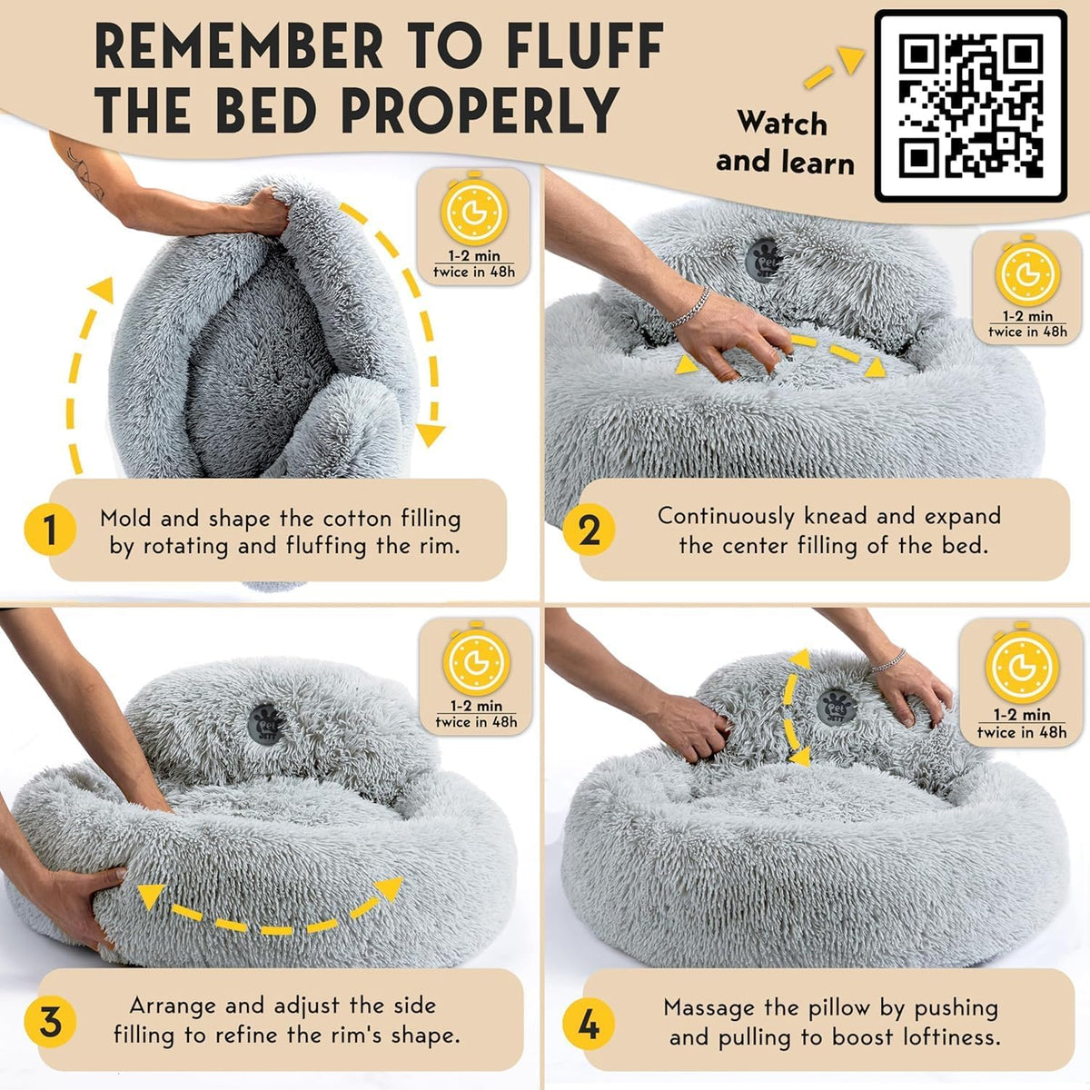 Petjett Calming Dog Bed Medium Size Dog - 30'' Donut Bed, Washable Dog Bed - Anti-Slip Super Soft Fluffy Plush round Bed, Anti-Anxiety Premium Comfort Pet Bed, Fits Dogs up to 45 Lbs - Bright Grey