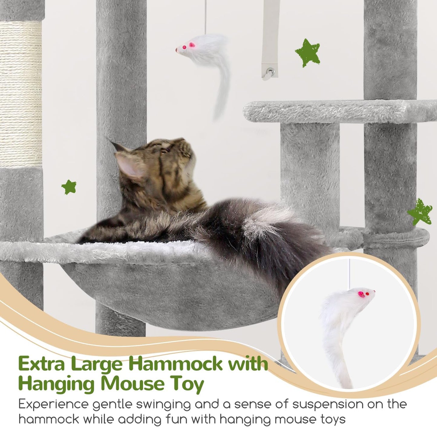 Globlazer Heavy Duty Cat Tree, 70 Inch Sturdy Cat Tree for Indoor Cats Extra Large Cat Tower with Scratching Post, Hammock, Cat Condo for Adult Cats Kittens, F70 Pro, Light Grey