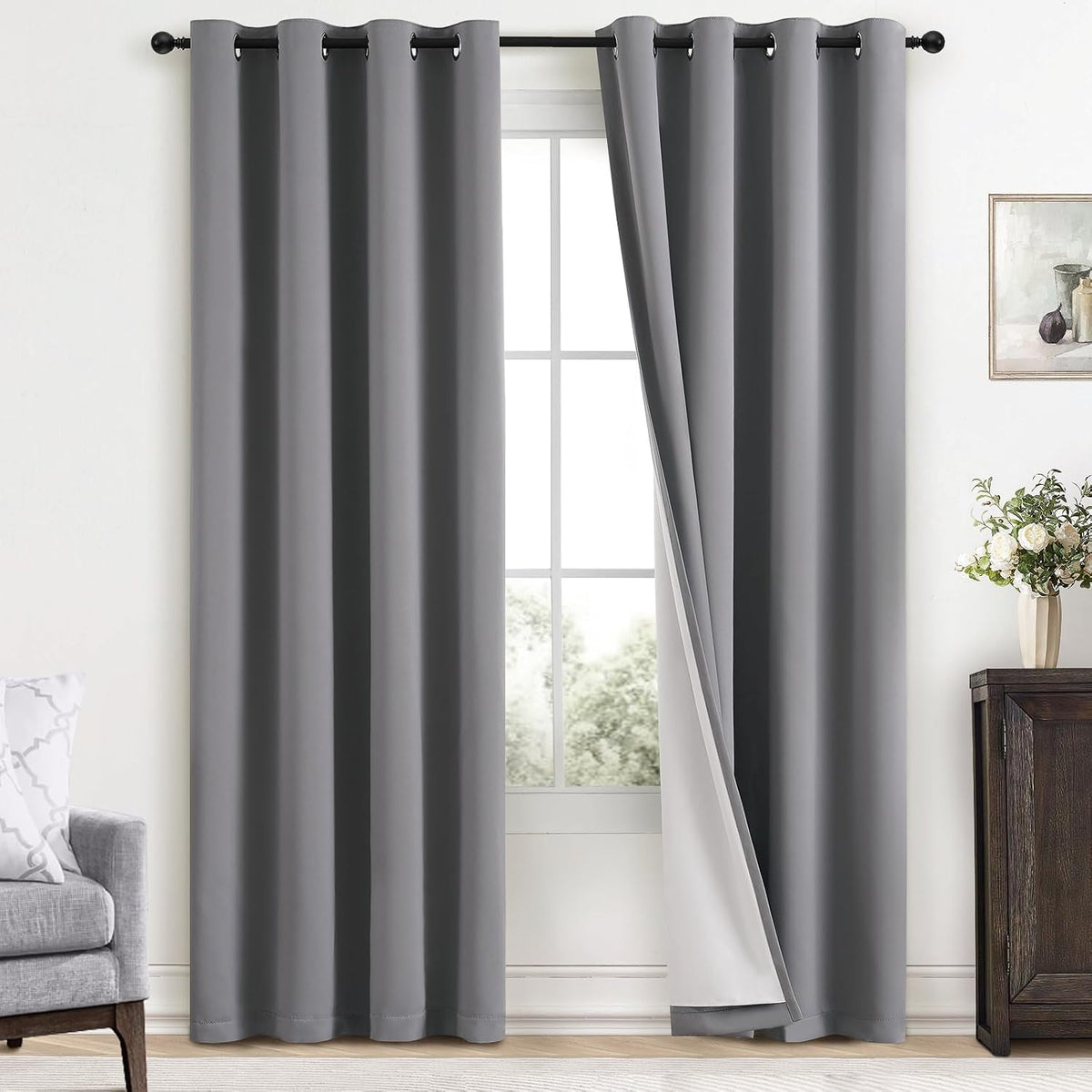Yakamok Grey 100% Blackout Curtains 52X84 Inch Long Gray Drapes-Bedroom