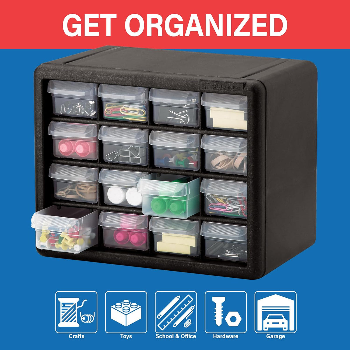 Akro-Mils 10116, 16 Drawer Plastic Parts Storage Hardware and Craft Cabinet, 10-1/2-Inch W X 6-1/2-Inch D X 8-1/2-Inch H, Black