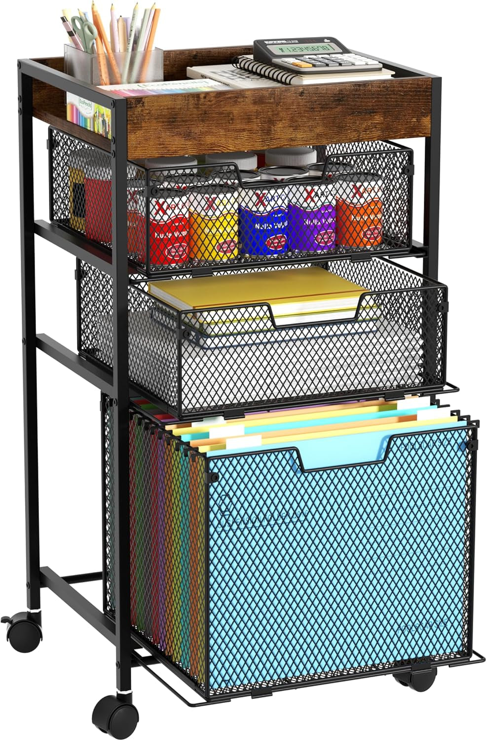 Rolling File Cart with Drawers - 4 Tier under Desk Storage Craft Rolling Organizer Cart - Office Storage &Organization, Mobile Metal Filing Cabinet for Office and Home Espresso
