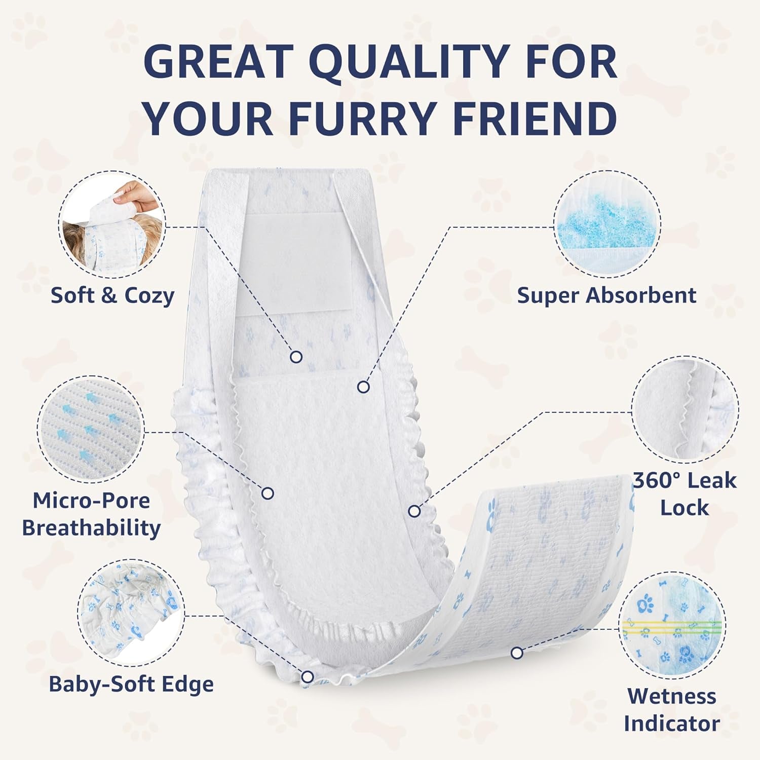 Dog Diapers Male XS, Disposable Wraps Belly Bands, 6-13", 50 Ct | 6-Layer Absorbent Core · Wetness Indicator · Soft Fit · Leak-Resistant Protection · for Teacup, Toy Breeds & Puppies