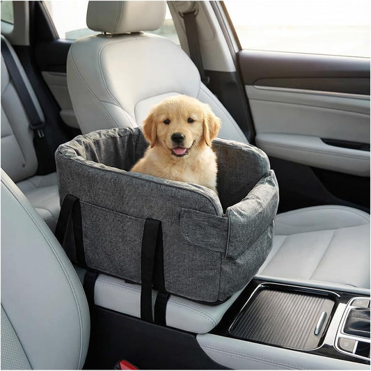 Small Dog Car Center Console Seat, Soft Portable Pet Booster Seat with Safety Tethers, Leash & Storage Pocket, Anti-Collapse Car Armrest Puppy Travel Bed for Cars, Suvs, Trucks (Darkgray)