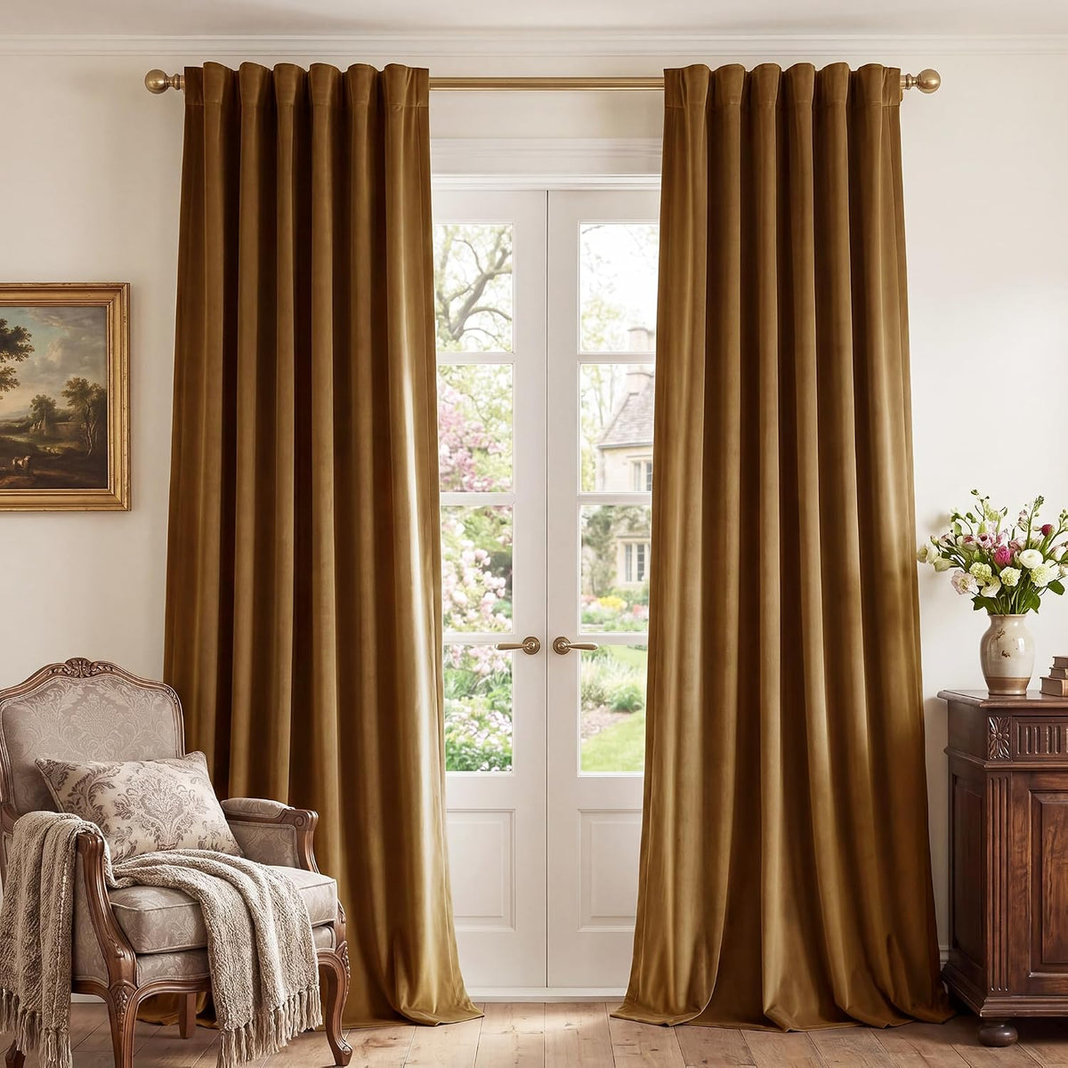 Stangh Gold Brown Velvet Curtains for Living Room Boho, W52 X L84, 2 Panels