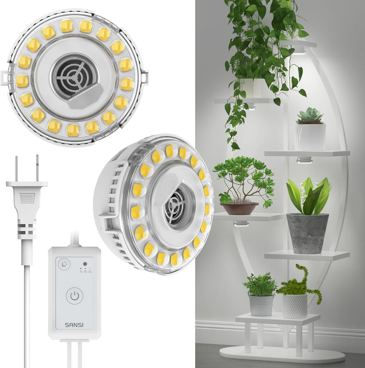 SANSI Puck Grow Lights for Indoor Plants,10W 2-Head Plant Lights with Timer