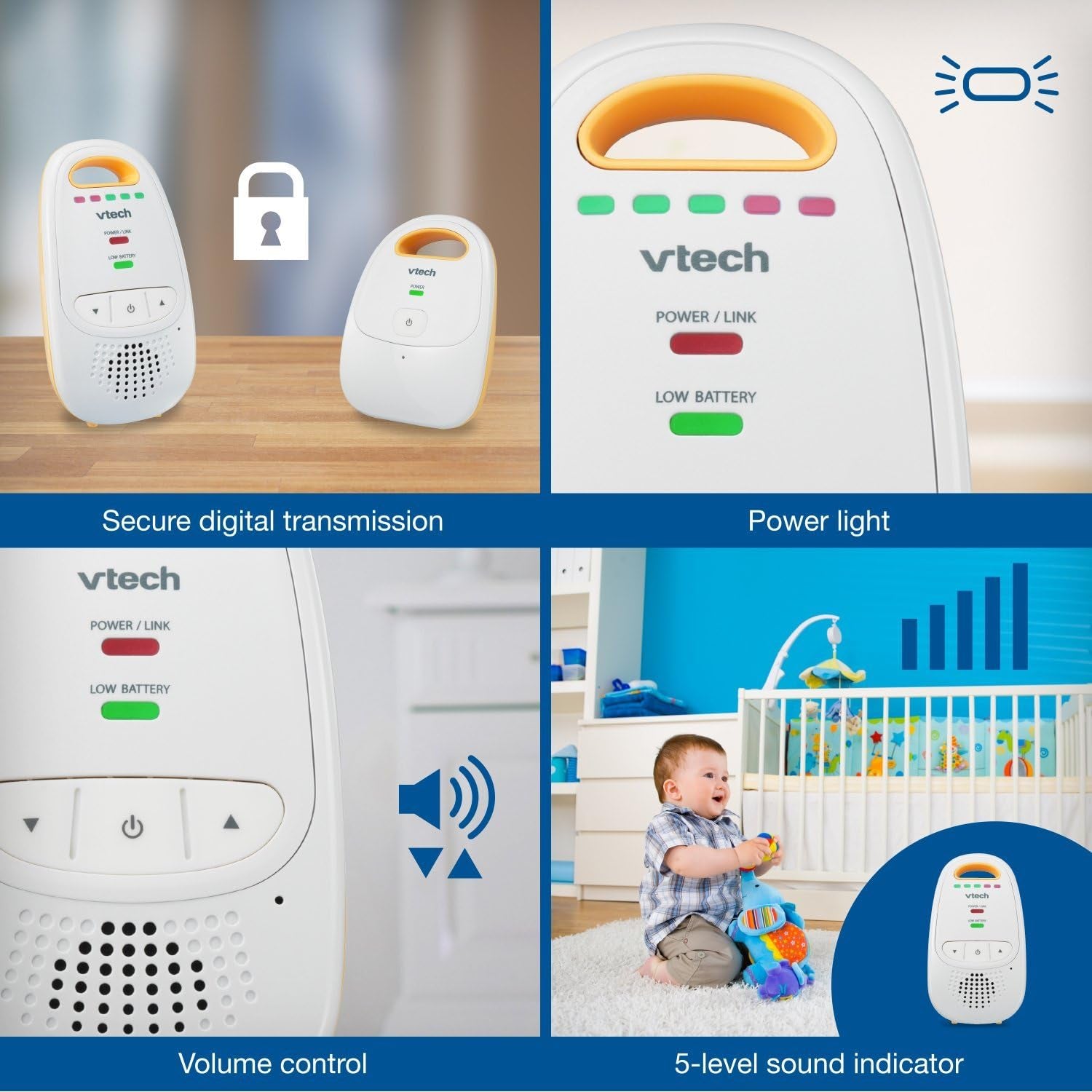 Vtech Audio Baby Monitor — No Static DECT 6.0, No Wifi, Hack-Proof | 8Hr Battery, Belt Clip, 1000Ft Range, 5-Level Sound Indicator | DM111