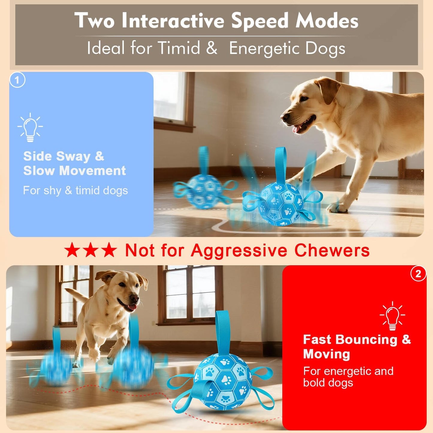 Interactive Dog Toys Dog Soccer Ball to Keep Them Busy,Durable Automatic Moving Jumping Dog Balls with Straps for Small/Medium/Large Dogs, USB Rechargeable,Not for Aggressive Chewers (Blue)