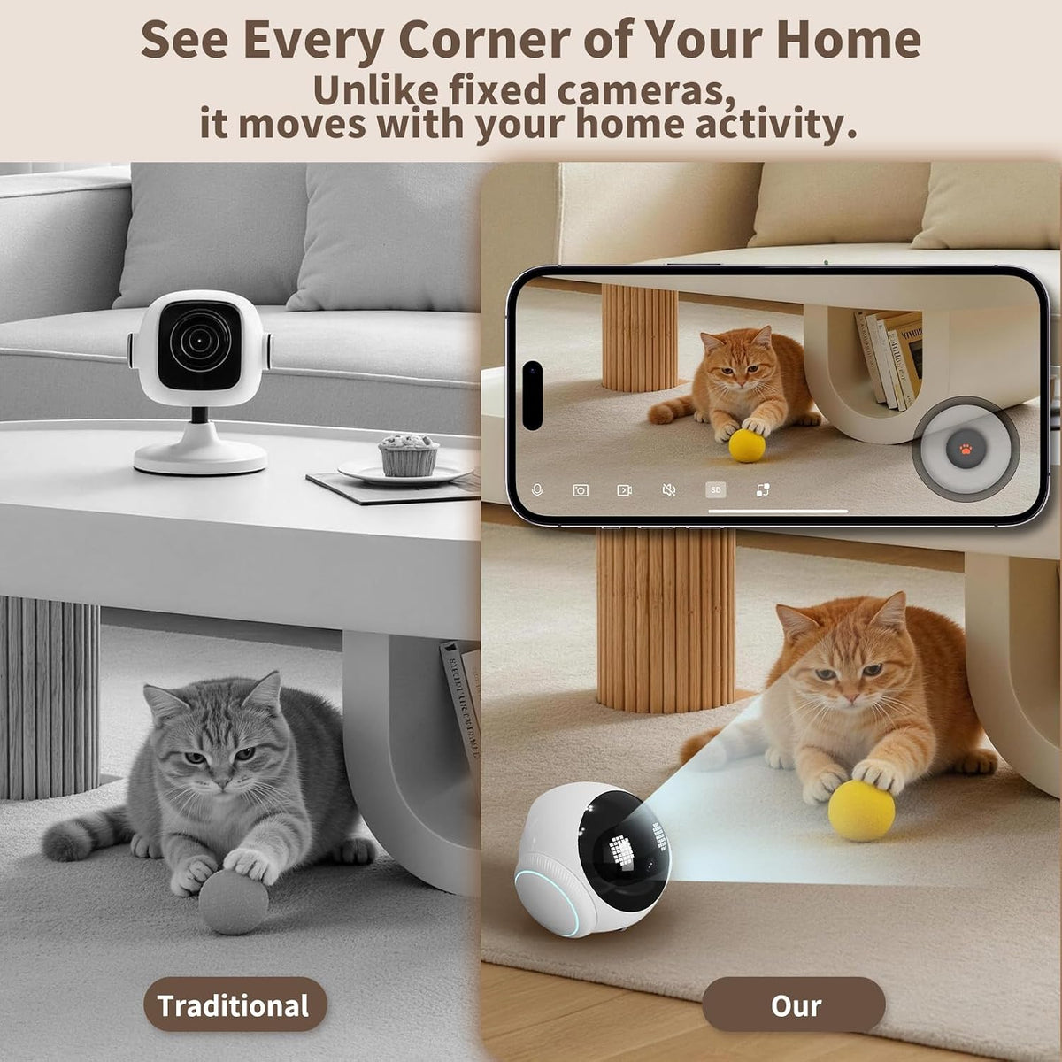 Small 1080P Mobile Pet Robot Camera with App Control, White