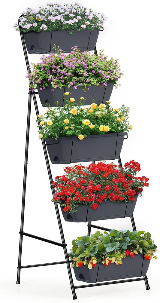 Raised Garden Bed 5 Tier Vertical Planter Standing Herb Garden Elevated Box with Drainage Holes Tall Planters for Outdoor Plants Vegetables Flowers Grey