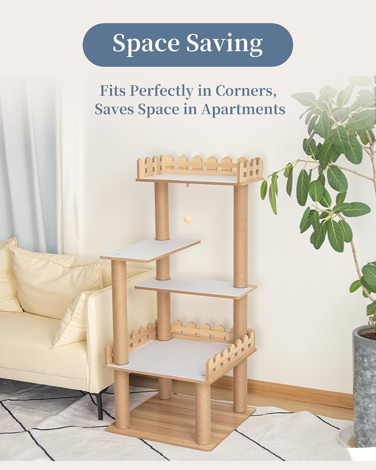 Wood Cat Tree for Indoor Cats, 49 Inch Cats Furniture Tower with Large Platforms, Full Sisal Scratching Posts, Water Proof Surface