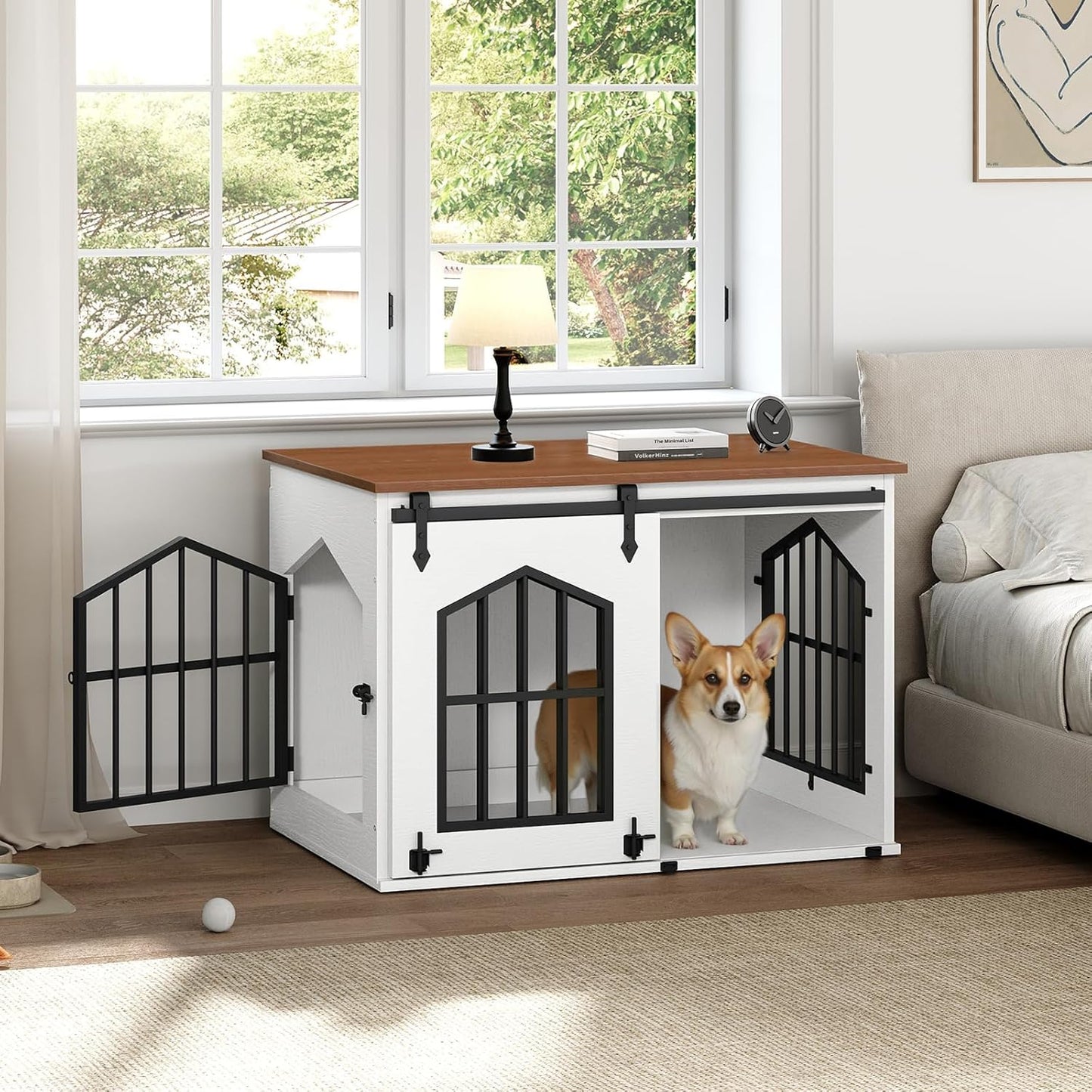 MAHANCRIS Dog Crate Furniture, 31.5" Farmhouse Dog Kennel with Sliding Barn Door, Wooden Dog Cage for Small Medium Dogs, Decorative Pet House Side End Table, Chew-Resistant, White and Walnut DCBA9601