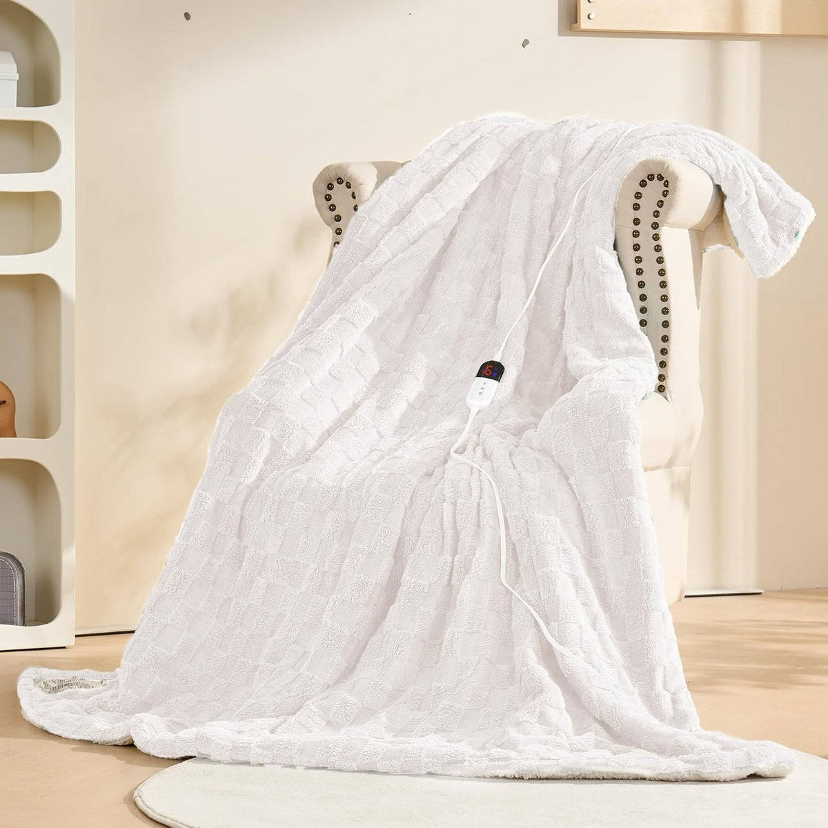 Heated Blanket Throw 50" X 60", Checked Electric Blanket,White